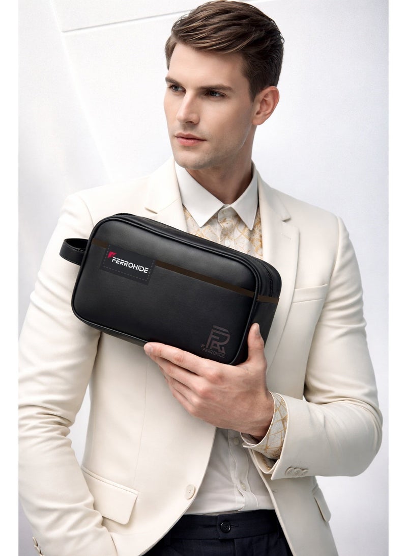 FERROHIDE Genuine Leather Toiletry & Travel Organizer Bag for Men - Genuine Leather Multi-Purpose Organizer Bag – Compact Travel Pouch for Phone, Power Bank, Wallet, & Earphones – Black - Image 3